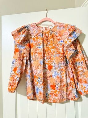 Entro Cressida Floral Ruffle-Sleeve Blouse in Orange. NWOT. PTP 19